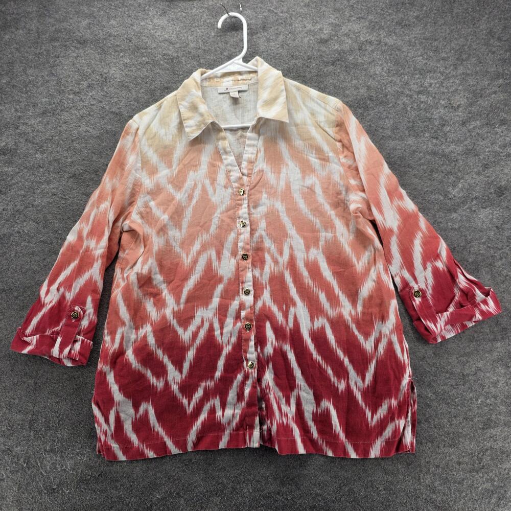JM Collection Shirt Womens 10 Ikat Button Down Roll Tab Sleeve Linen Blouse Top